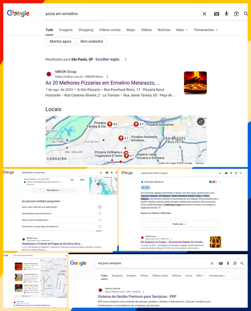 Screenshots de resultados do Google mostrando empresas clientes da MIKON nas primeiras posi&ccedil;&otilde;es para suas palavras-chave