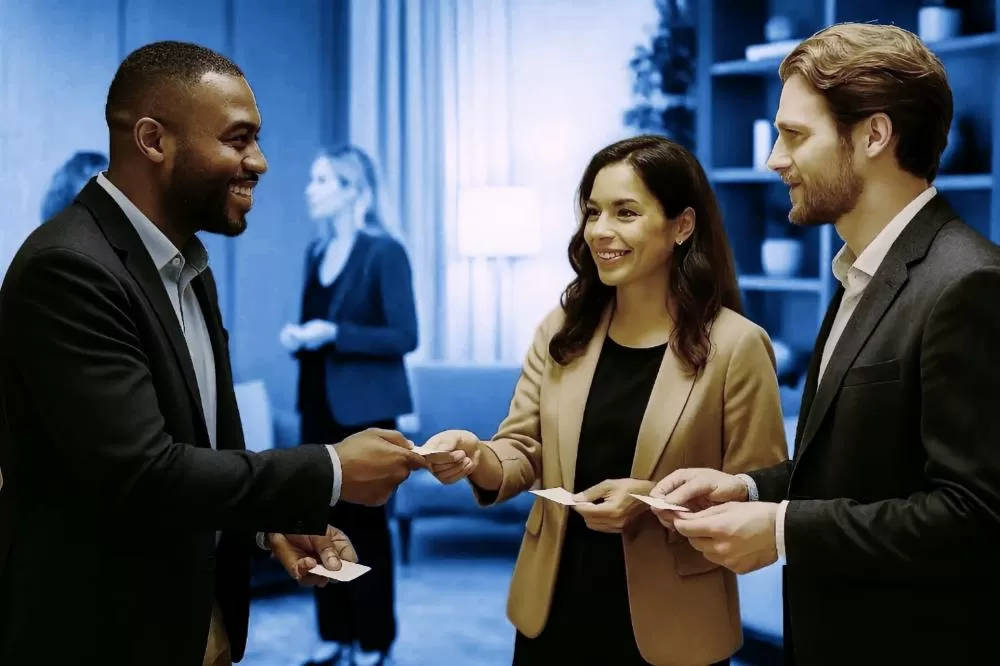 Encontro de networking entre empres&aacute;rios em ambiente profissional com clima de oportunidade e conex&atilde;o